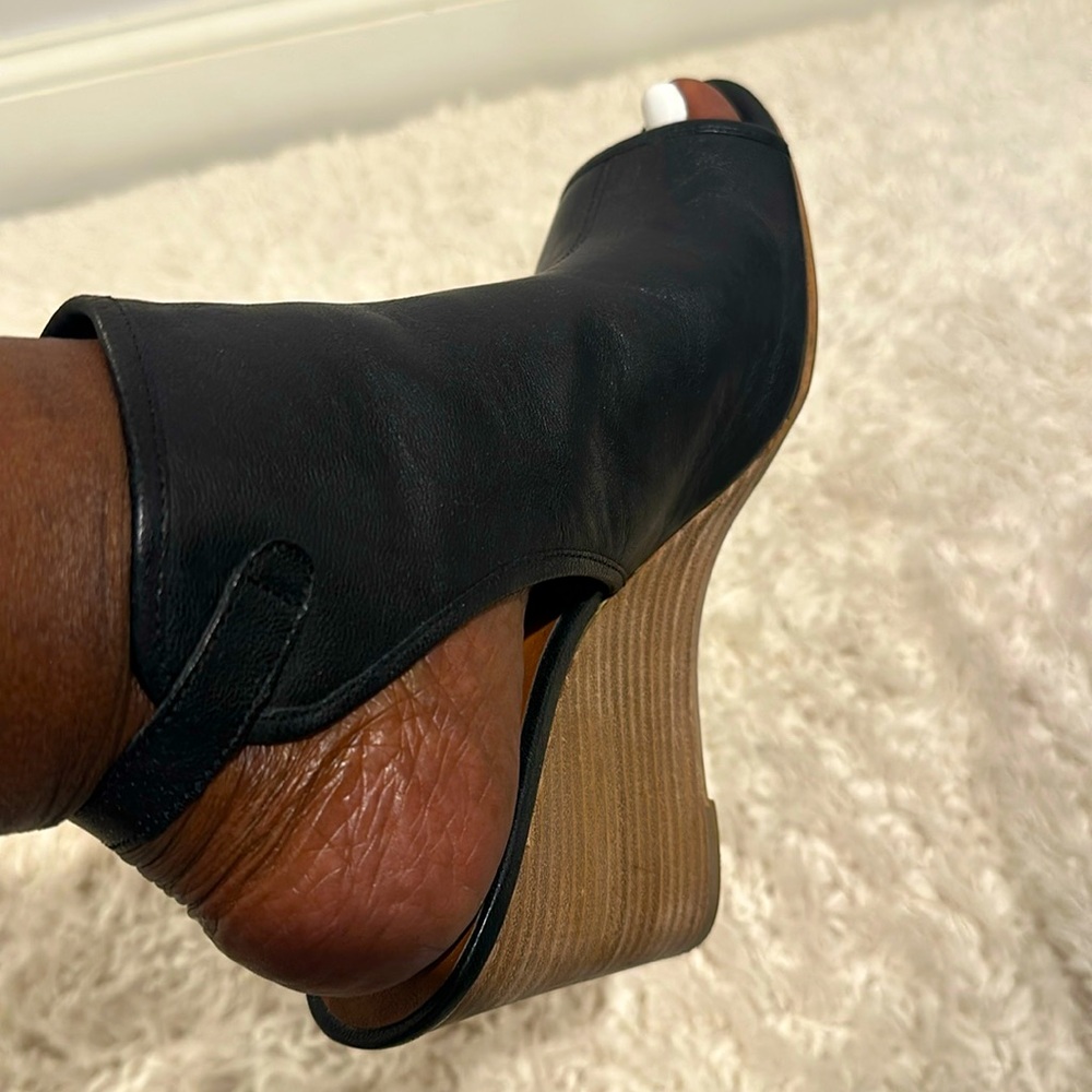 Peep toe leather wedges